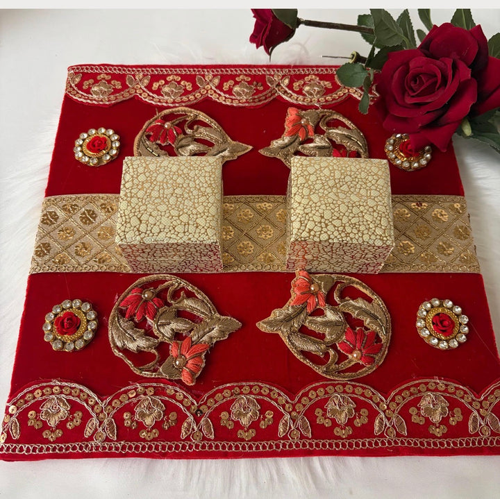Traditional Red & Gold Shagun Ring Ceremony Tray with Ring Boxes & Floral Decoration
