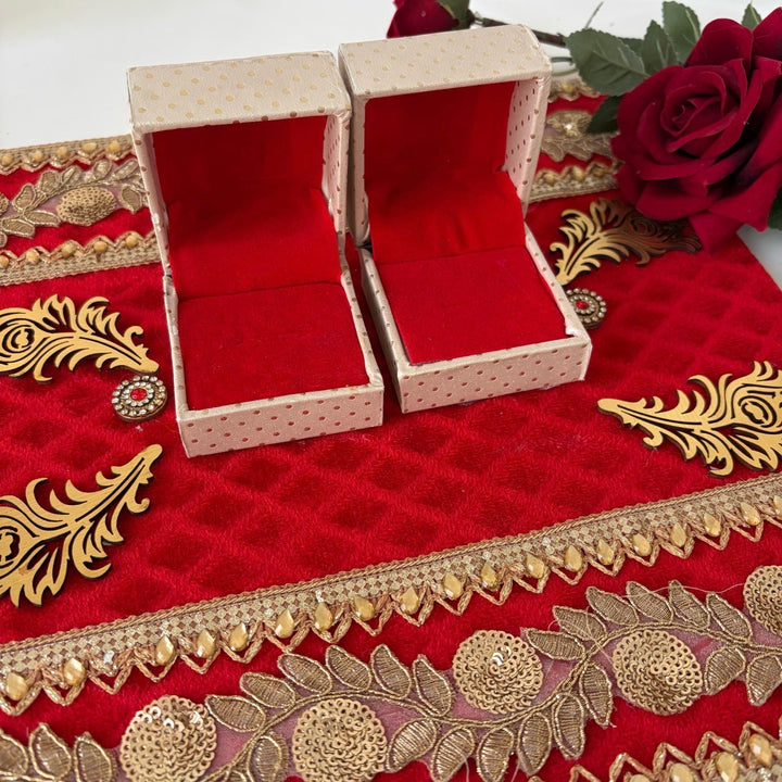 Traditional Red & Gold Shagun Ring Ceremony Tray with Ring Boxes & Floral Decoration
