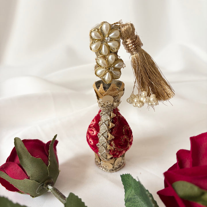Red Traditional Surmadani – Decorative Kajol Holder with Pearls, Mirrors & Tassels