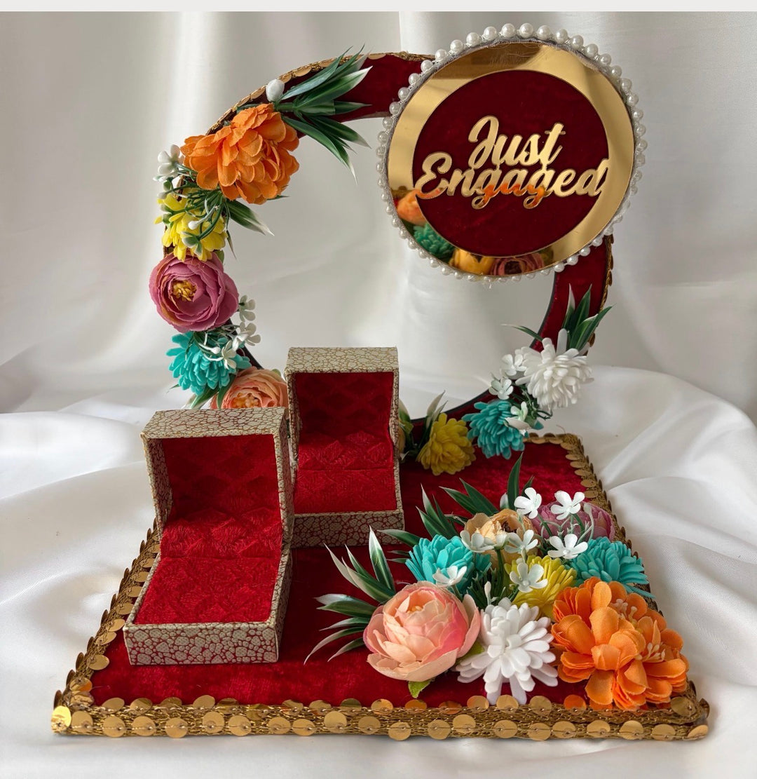 Traditional Red & Gold Shagun Ring Ceremony Tray with Ring Boxes & Floral Decoration