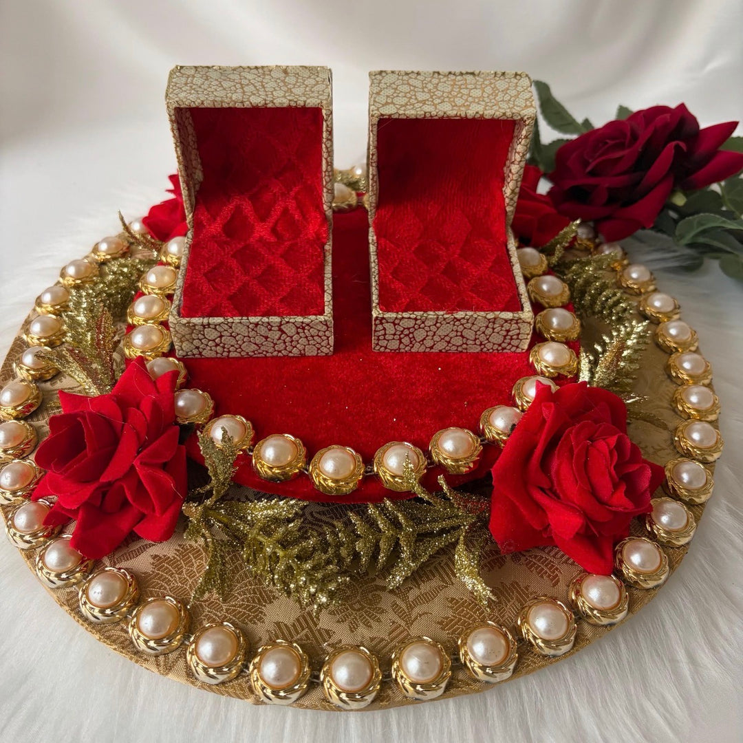 Traditional Red & Gold Shagun Ring Ceremony Tray with Ring Boxes & Floral Decoration