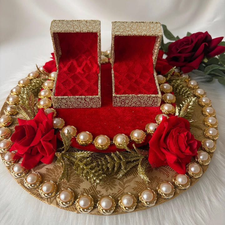 Traditional Red & Gold Shagun Ring Ceremony Tray with Ring Boxes & Floral Decoration