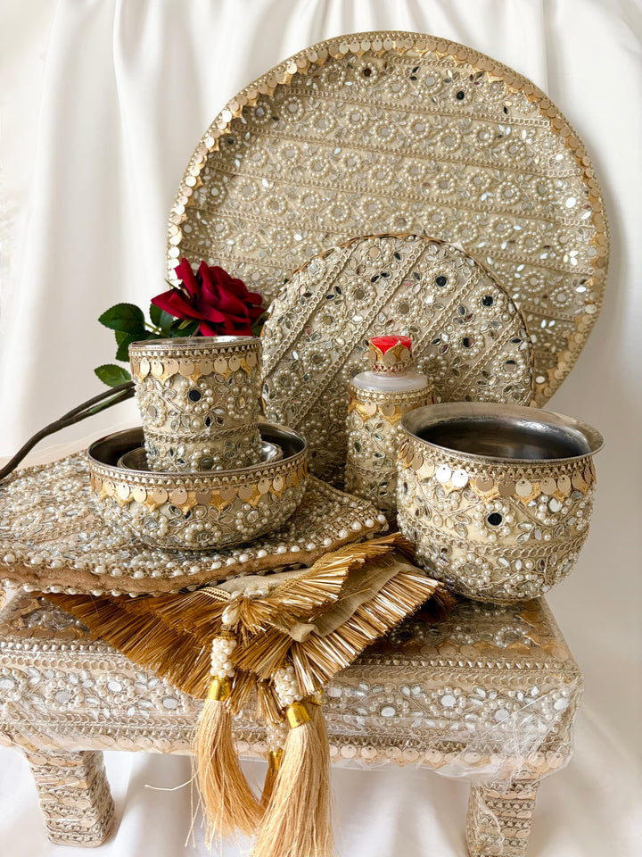 11 Piece Gold Mirror &  Pearl Maiyan Set – Traditional Punjabi Wedding Ceremony Set