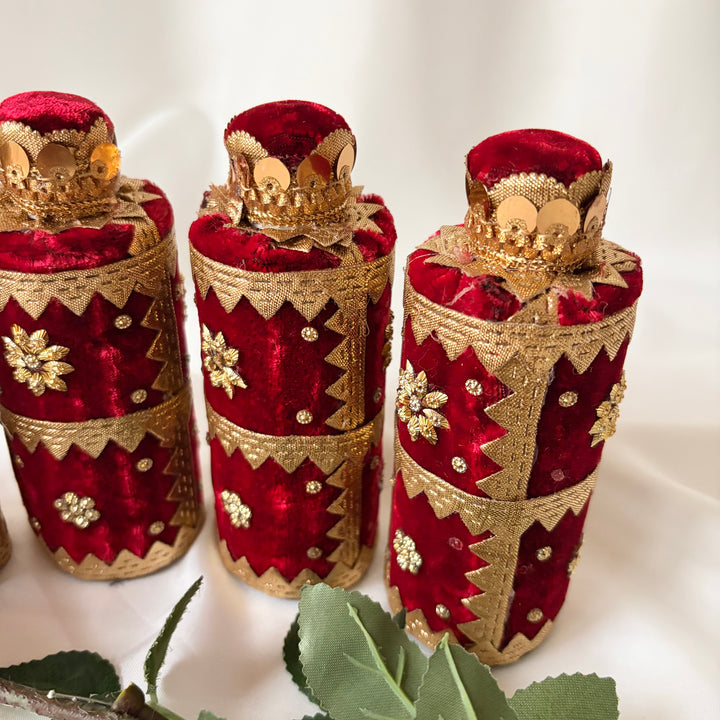 Burgundy Velvet Bridal Oil Bottles – Traditional Indian Wedding Maiyan/Jaggo Ceremony