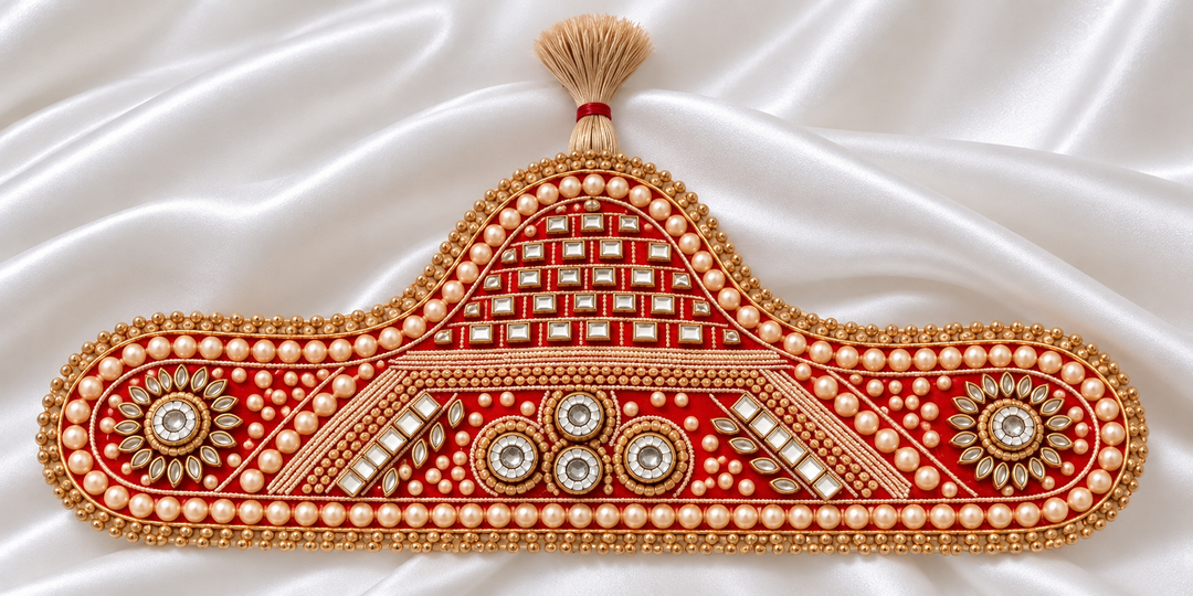 Traditional Indian Groom’s Sehra – Red & Gold Embroidered Wedding Sehra with Pearl Beads