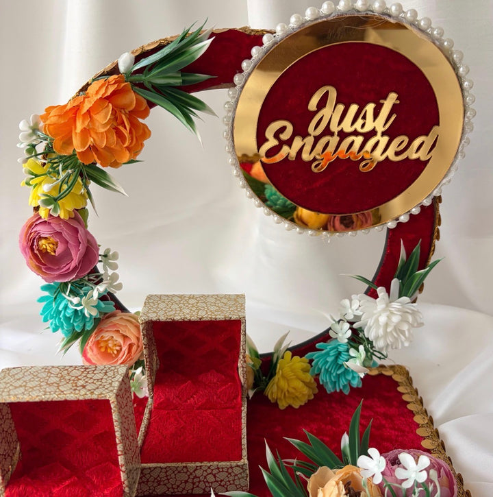 Traditional Red & Gold Shagun Ring Ceremony Tray with Ring Boxes & Floral Decoration