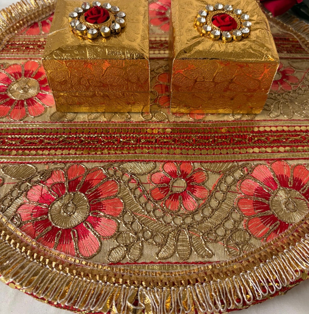 Traditional Red & Gold Shagun Ring Ceremony Tray with Ring Boxes & Floral Decoration