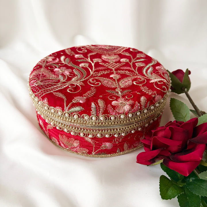Red Velvet Fabric Gold Laddo Tins