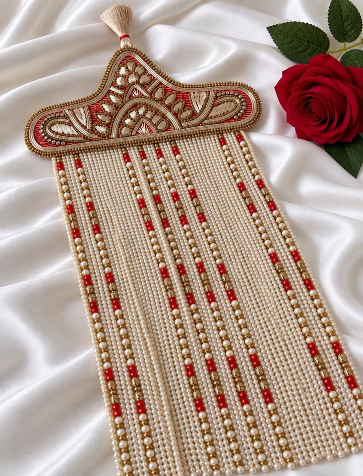 Traditional Indian Groom’s Sehra – Red & Gold Embroidered Wedding Sehra with Pearl Beads