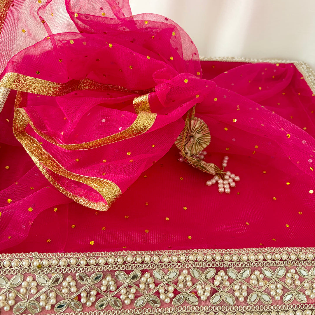 Pink & Gold Decorative Pearl Wedding Gift Tray with Organza Netting & Tie