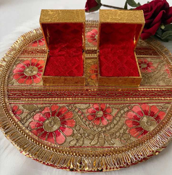 Traditional Red & Gold Shagun Ring Ceremony Tray with Ring Boxes & Floral Decoration
