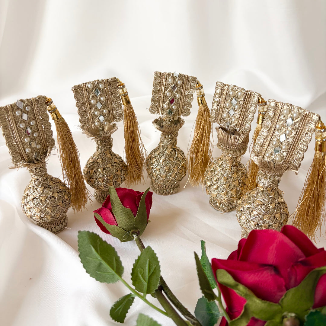 Gold Traditional Surmadani – Decorative Kajol Holder with Pearls, Mirrors & Tassels