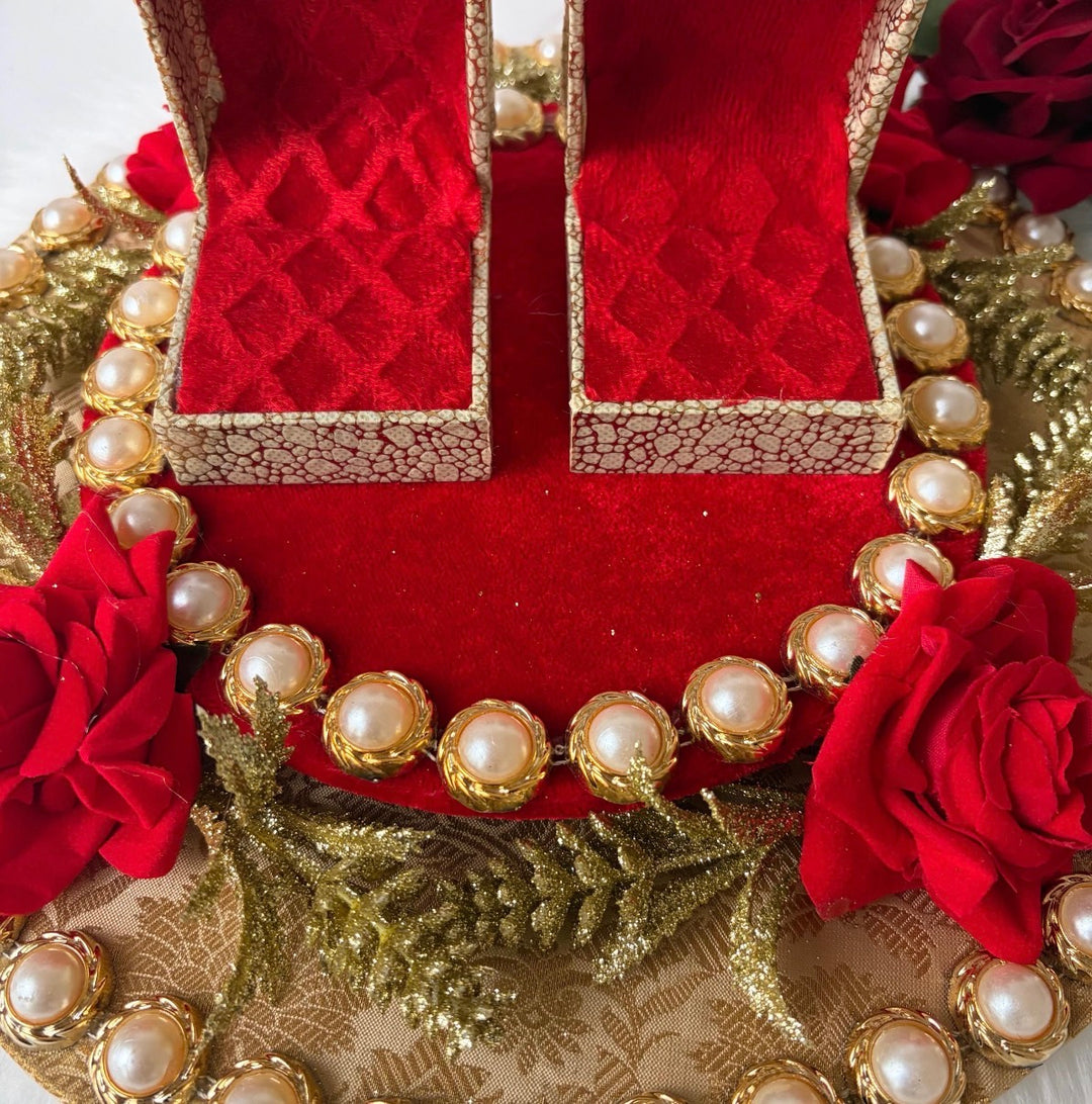 Traditional Red & Gold Shagun Ring Ceremony Tray with Ring Boxes & Floral Decoration
