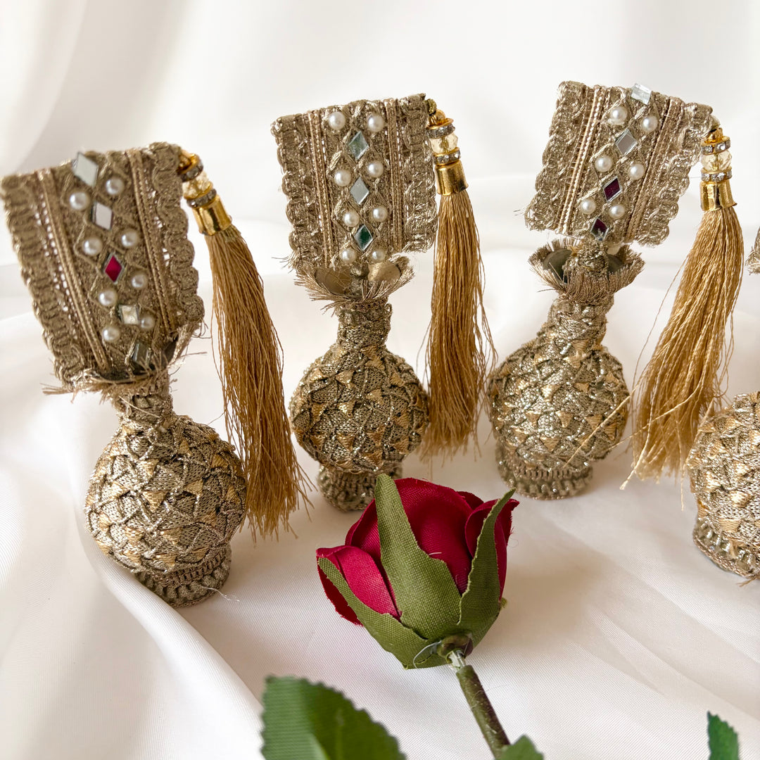 Gold Traditional Surmadani – Decorative Kajol Holder with Pearls, Mirrors & Tassels