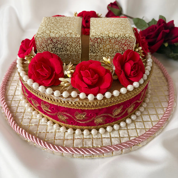 Traditional Red & Gold Shagun Ring Ceremony Tray with Ring Boxes & Floral Decoration