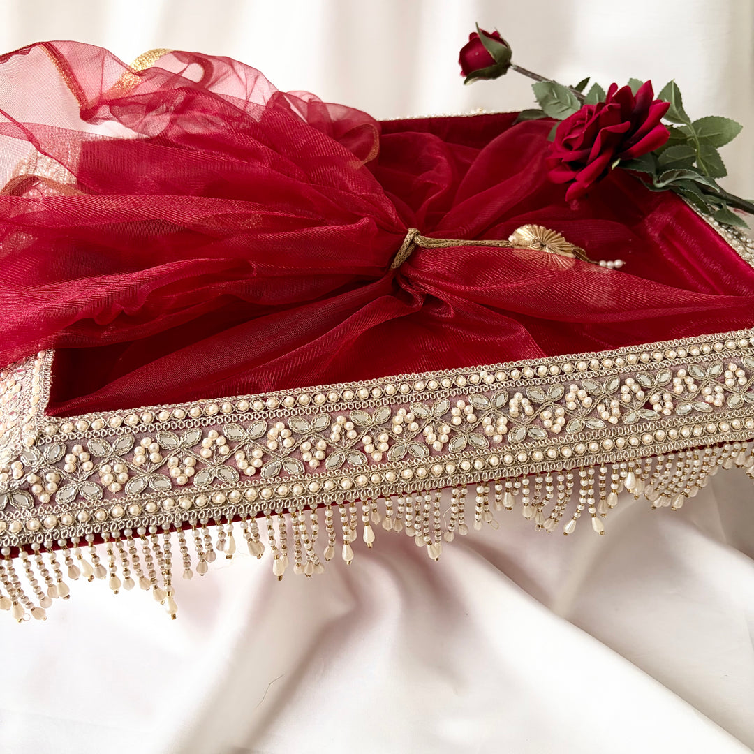 Burgundy & Gold Decorative Pearl Wedding Gift Tray with Organza Netting & Tie