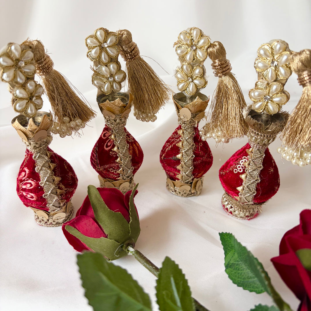 Red Traditional Surmadani – Decorative Kajol Holder with Pearls, Mirrors & Tassels