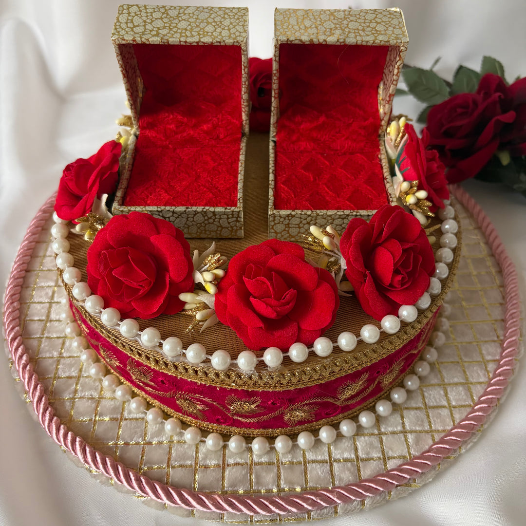 Traditional Red & Gold Shagun Ring Ceremony Tray with Ring Boxes & Floral Decoration