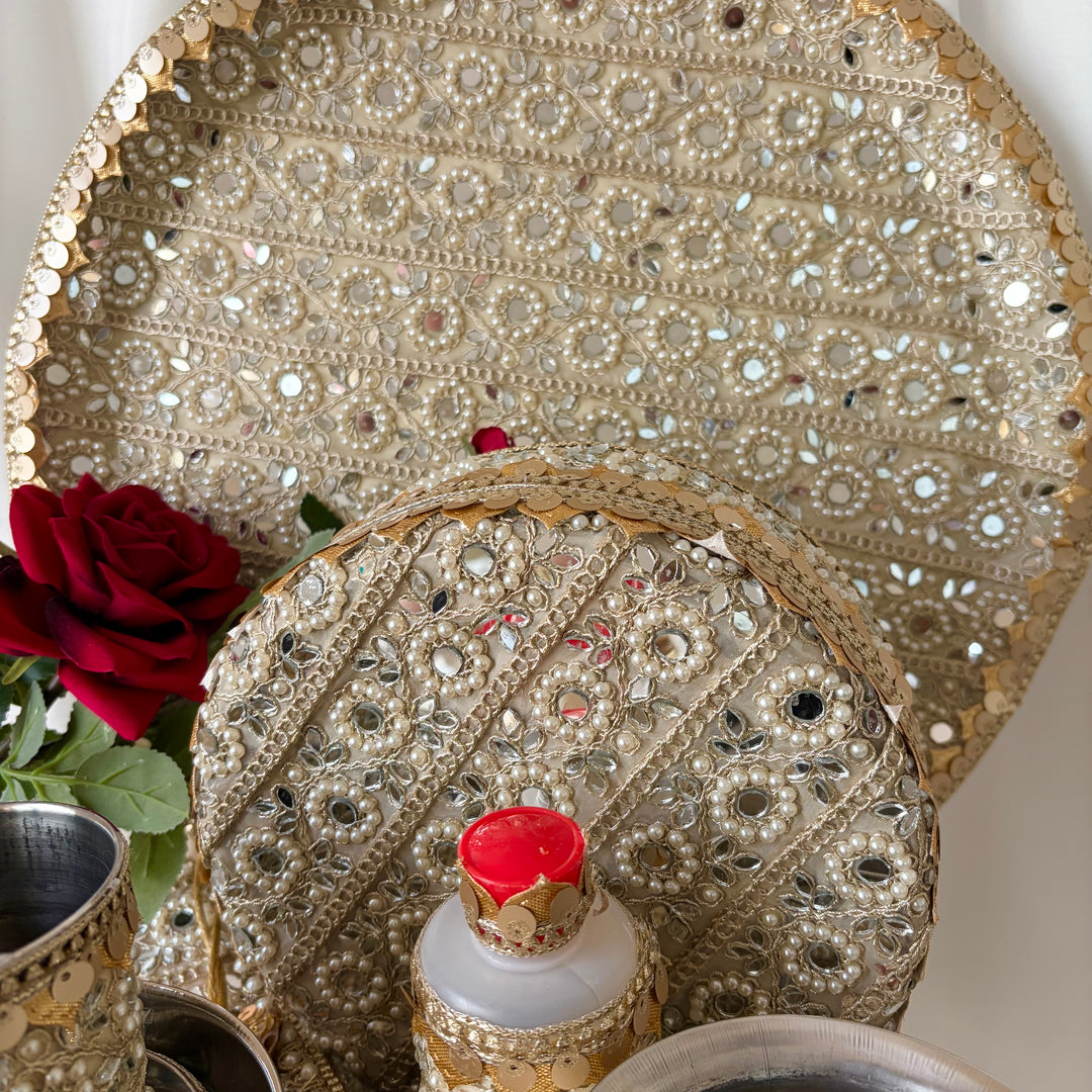11 Piece Gold Mirror &  Pearl Maiyan Set – Traditional Punjabi Wedding Ceremony Set