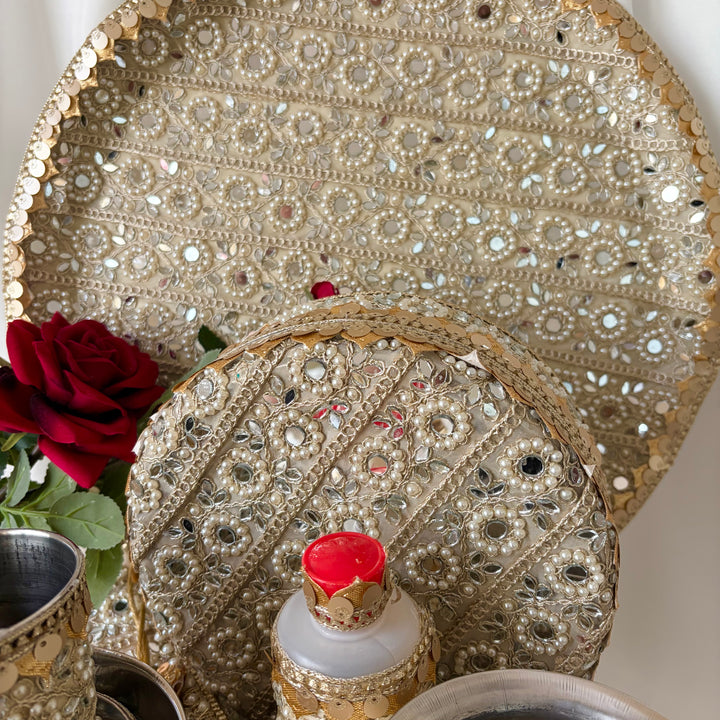 11 Piece Gold Mirror &  Pearl Maiyan Set – Traditional Punjabi Wedding Ceremony Set