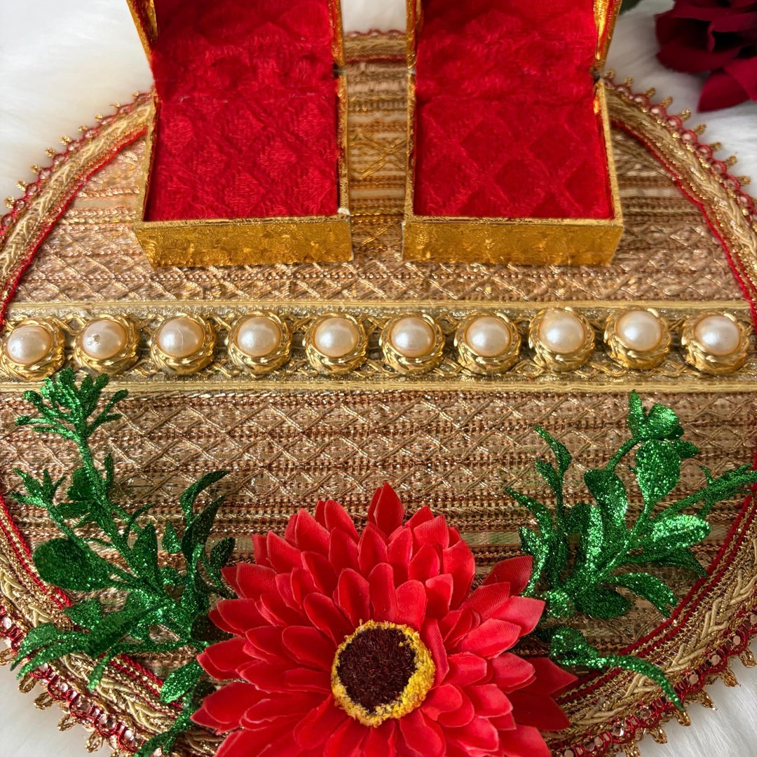 Traditional Red & Gold Shagun Ring Ceremony Tray with Ring Boxes & Floral Decoration