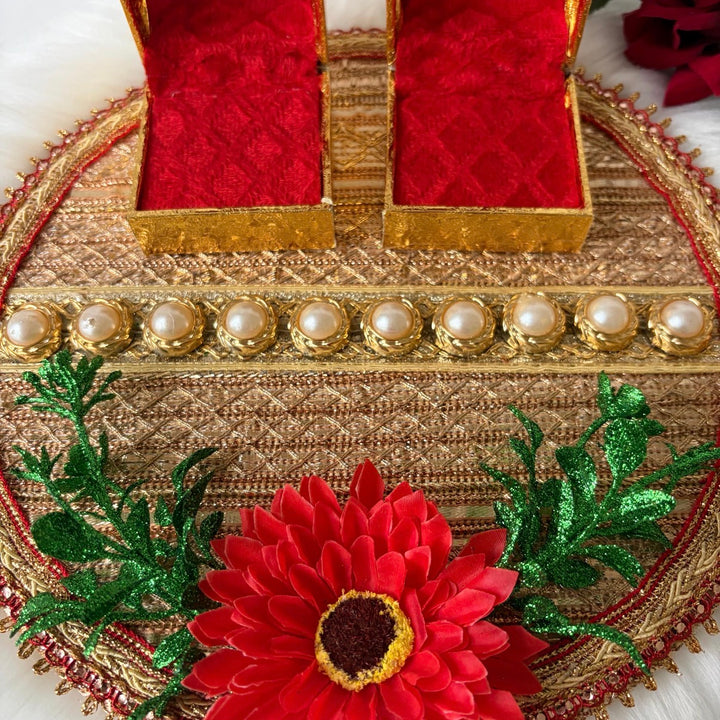 Traditional Red & Gold Shagun Ring Ceremony Tray with Ring Boxes & Floral Decoration