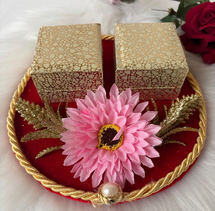 Traditional Red & Gold Shagun Ring Ceremony Tray with Ring Boxes & Floral Decoration