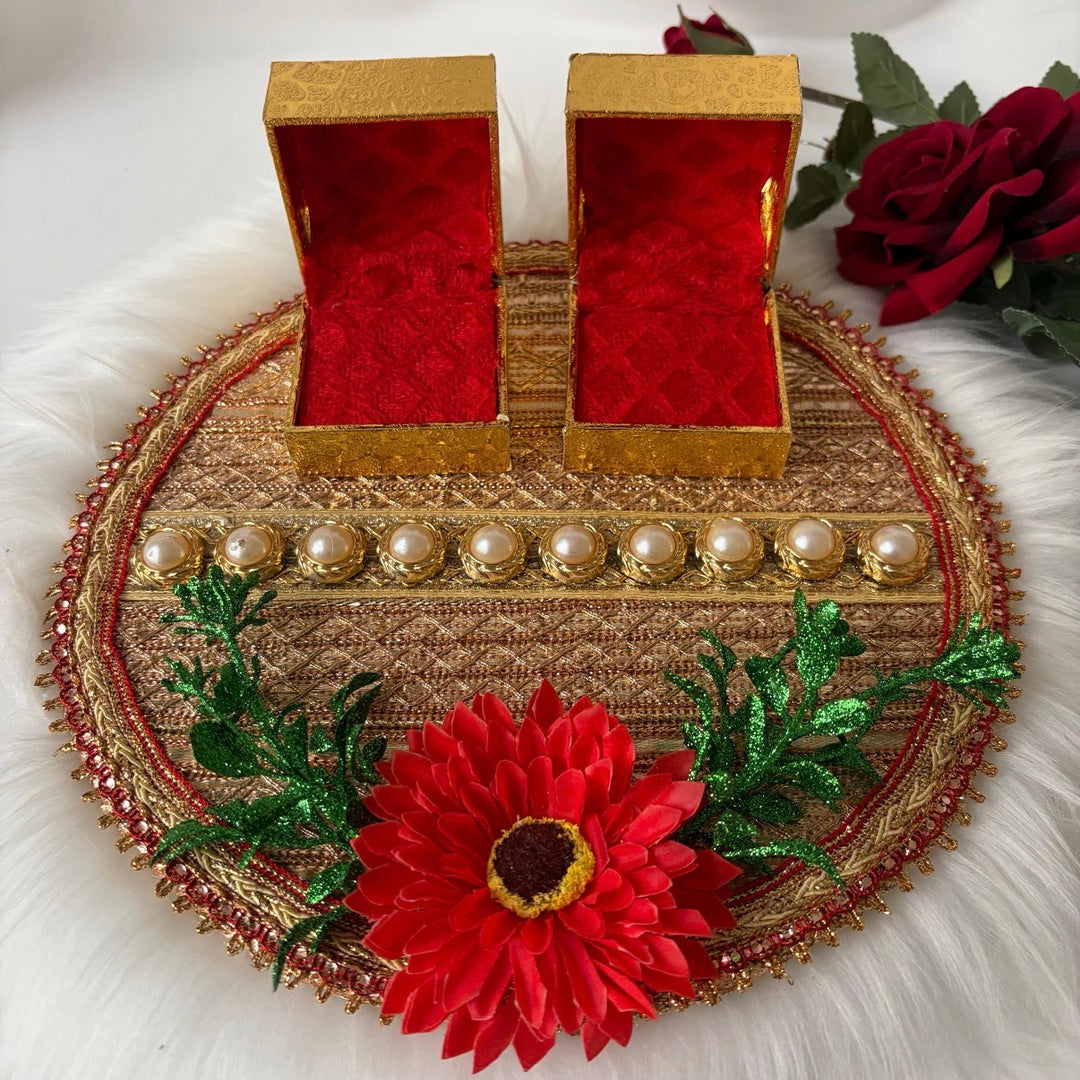 Traditional Red & Gold Shagun Ring Ceremony Tray with Ring Boxes & Floral Decoration