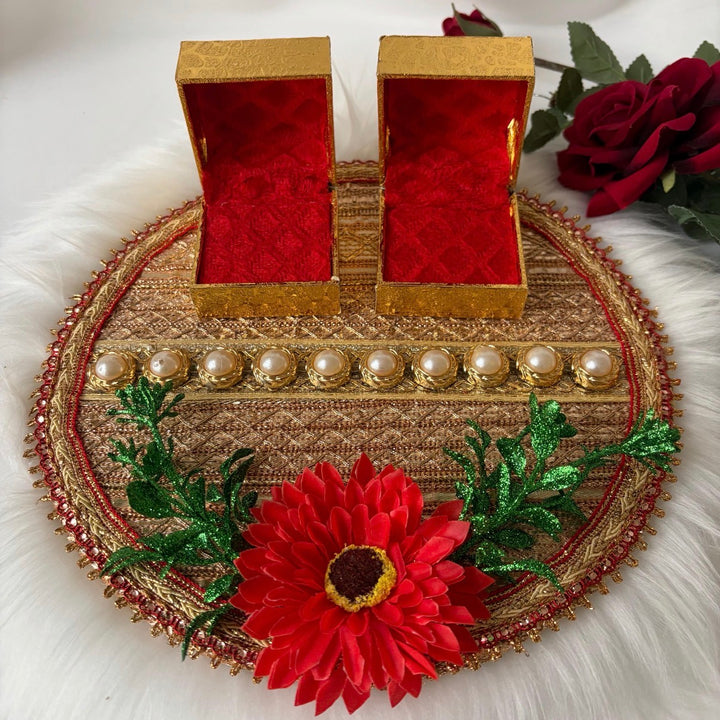 Traditional Red & Gold Shagun Ring Ceremony Tray with Ring Boxes & Floral Decoration