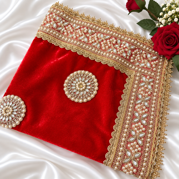 Luxury Velvet Wedding Dupatta with Gold Embroidery, Pearl & Mirror Work - Available
4 Colours