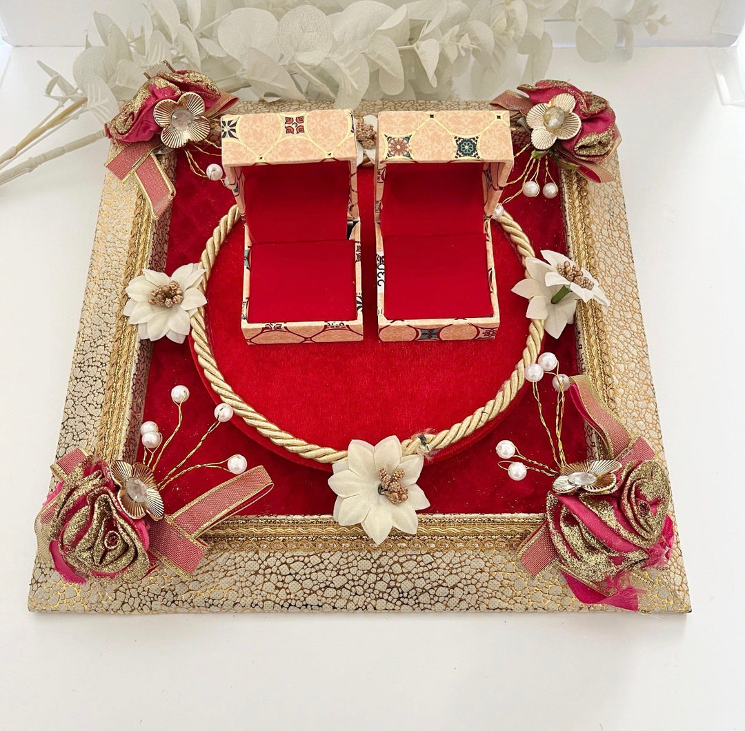 Traditional Red & Gold Shagun Ring Ceremony Tray with Ring Boxes & Floral Decoration