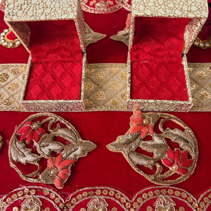 Traditional Red & Gold Shagun Ring Ceremony Tray with Ring Boxes & Floral Decoration