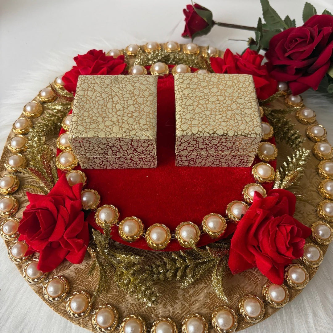 Traditional Red & Gold Shagun Ring Ceremony Tray with Ring Boxes & Floral Decoration
