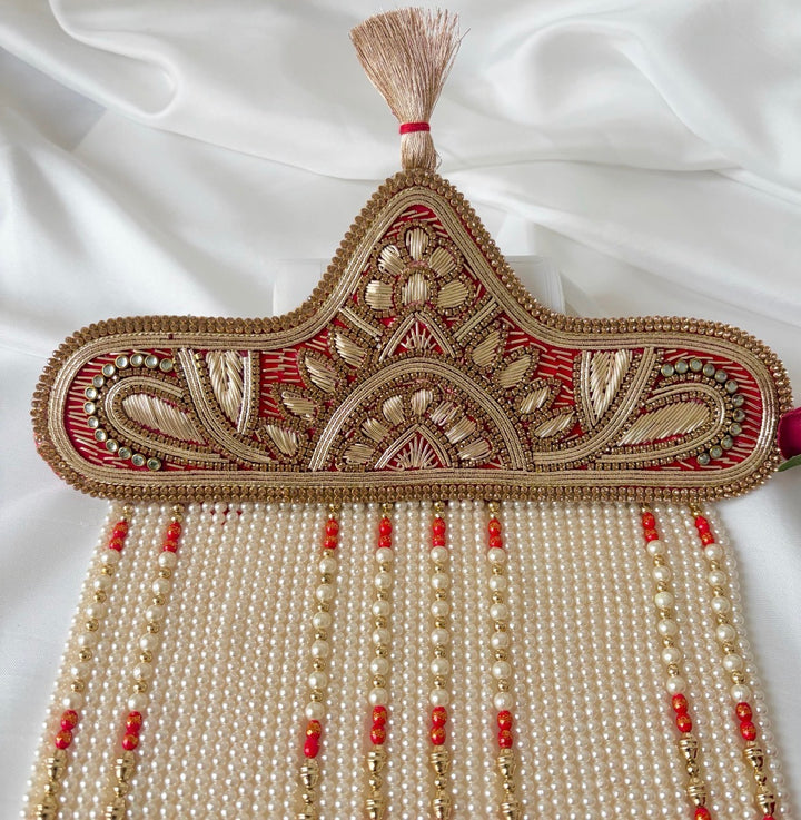 Traditional Indian Groom’s Sehra – Red & Gold Embroidered Wedding Sehra with Pearl Beads