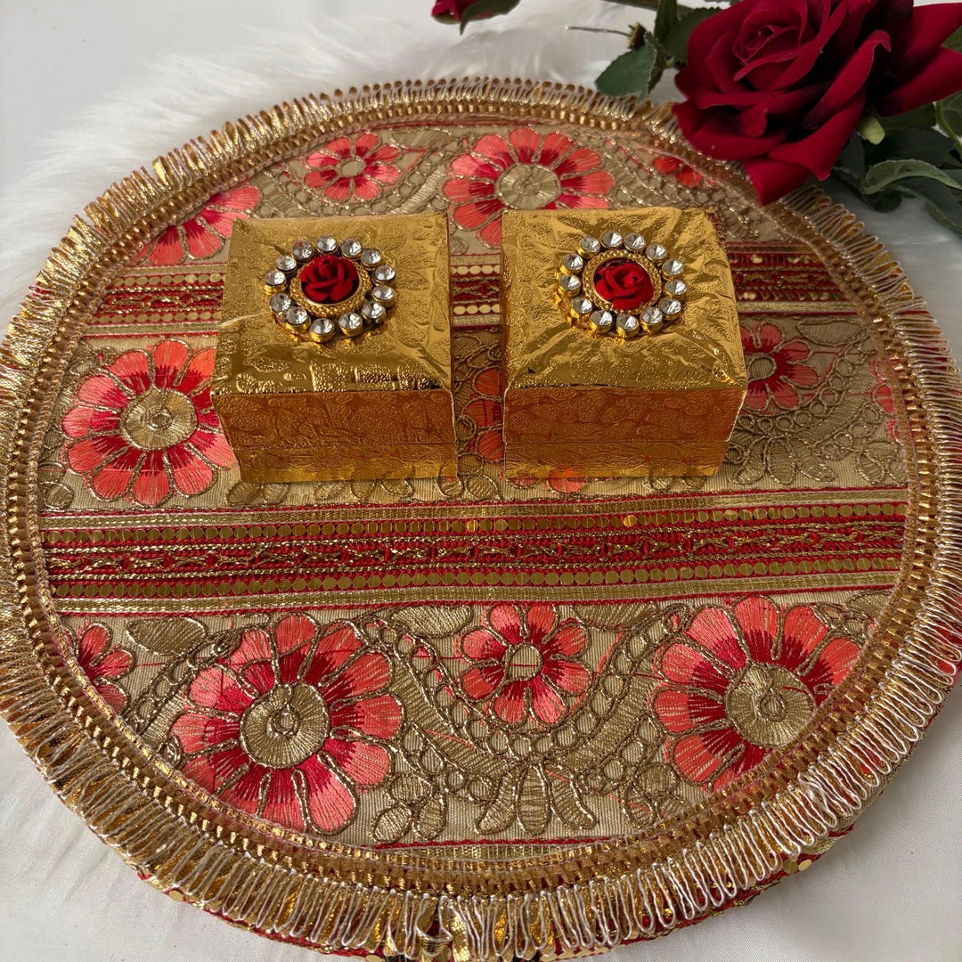 Traditional Red & Gold Shagun Ring Ceremony Tray with Ring Boxes & Floral Decoration