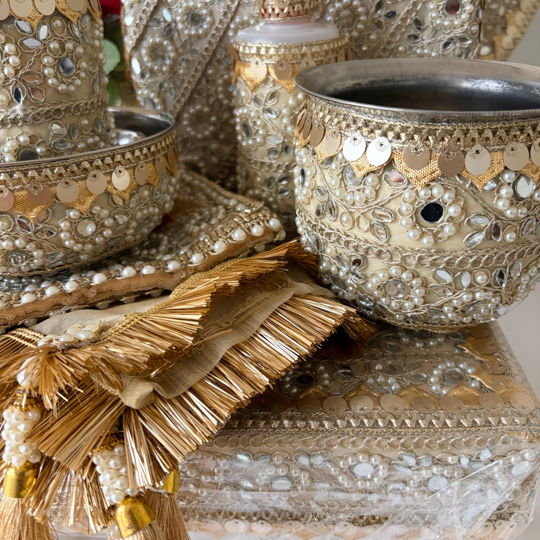 11 Piece Gold Mirror &  Pearl Maiyan Set – Traditional Punjabi Wedding Ceremony Set