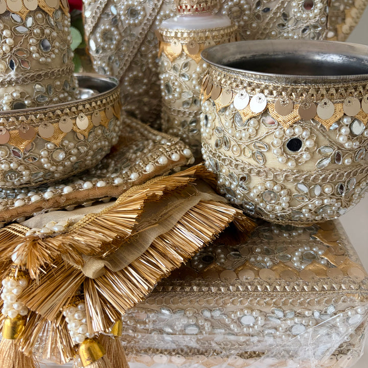 11 Piece Gold Mirror &  Pearl Maiyan Set – Traditional Punjabi Wedding Ceremony Set