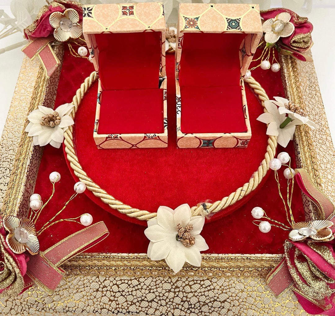 Traditional Red & Gold Shagun Ring Ceremony Tray with Ring Boxes & Floral Decoration