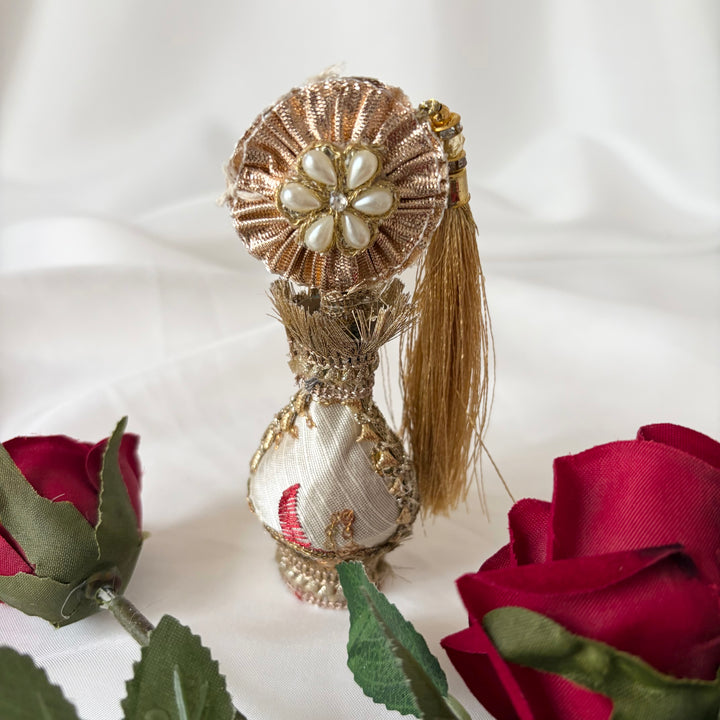 Gold Traditional Surmadani – Decorative Kajol Holder with Pearls, Mirrors & Tassels