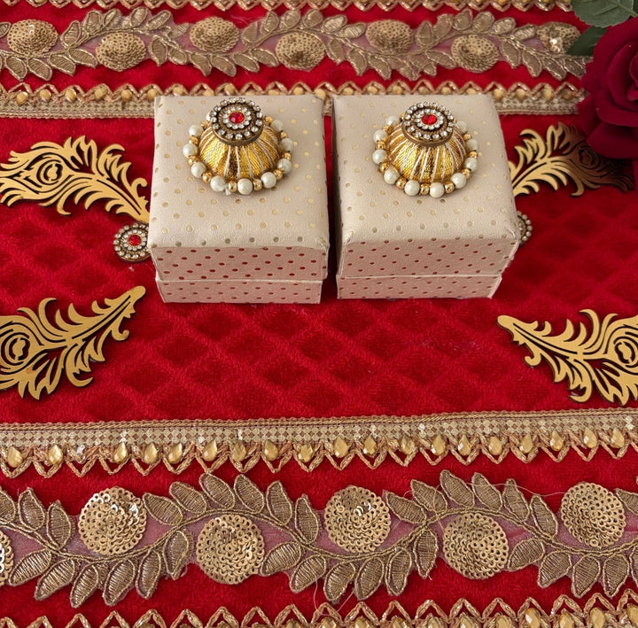 Traditional Red & Gold Shagun Ring Ceremony Tray with Ring Boxes & Floral Decoration