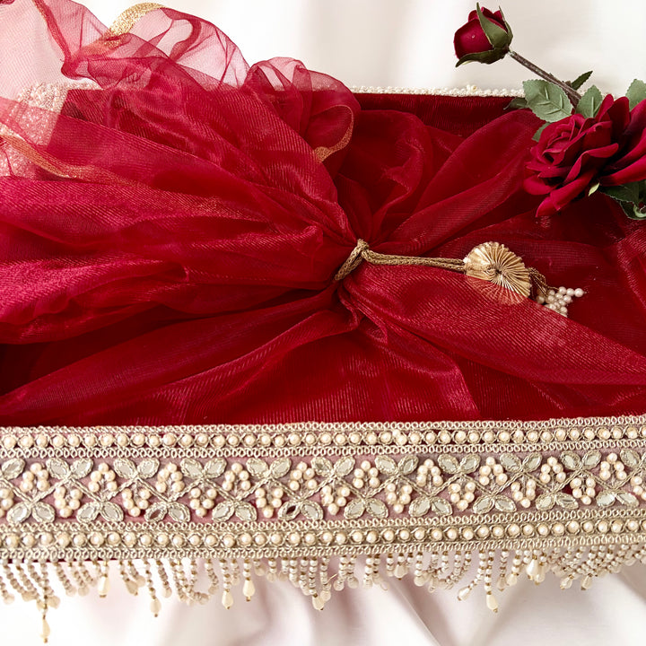 Burgundy & Gold Decorative Pearl Wedding Gift Tray with Organza Netting & Tie