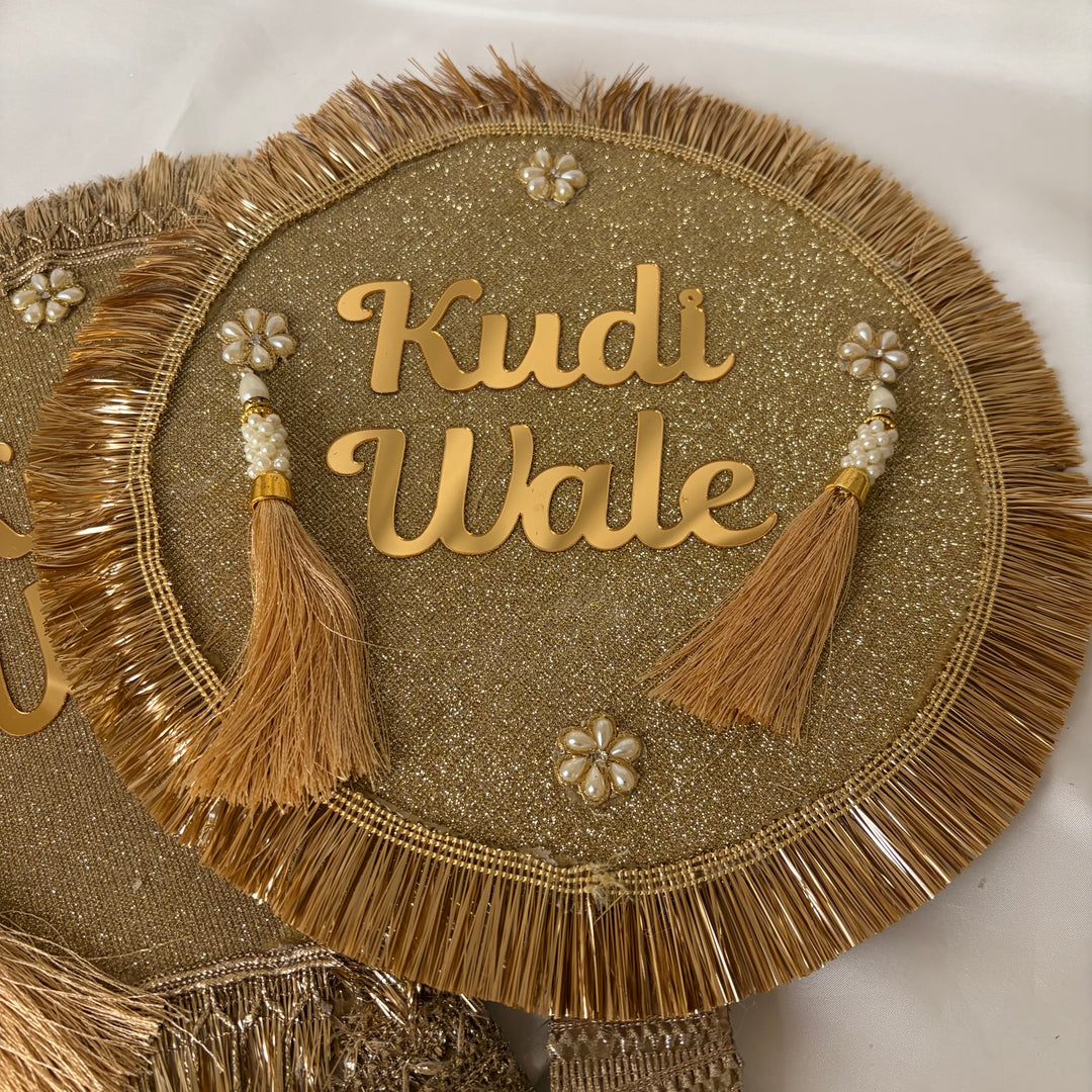 Wedding Kudi Wale Gold Netted Hand Board with Gold Sequins
