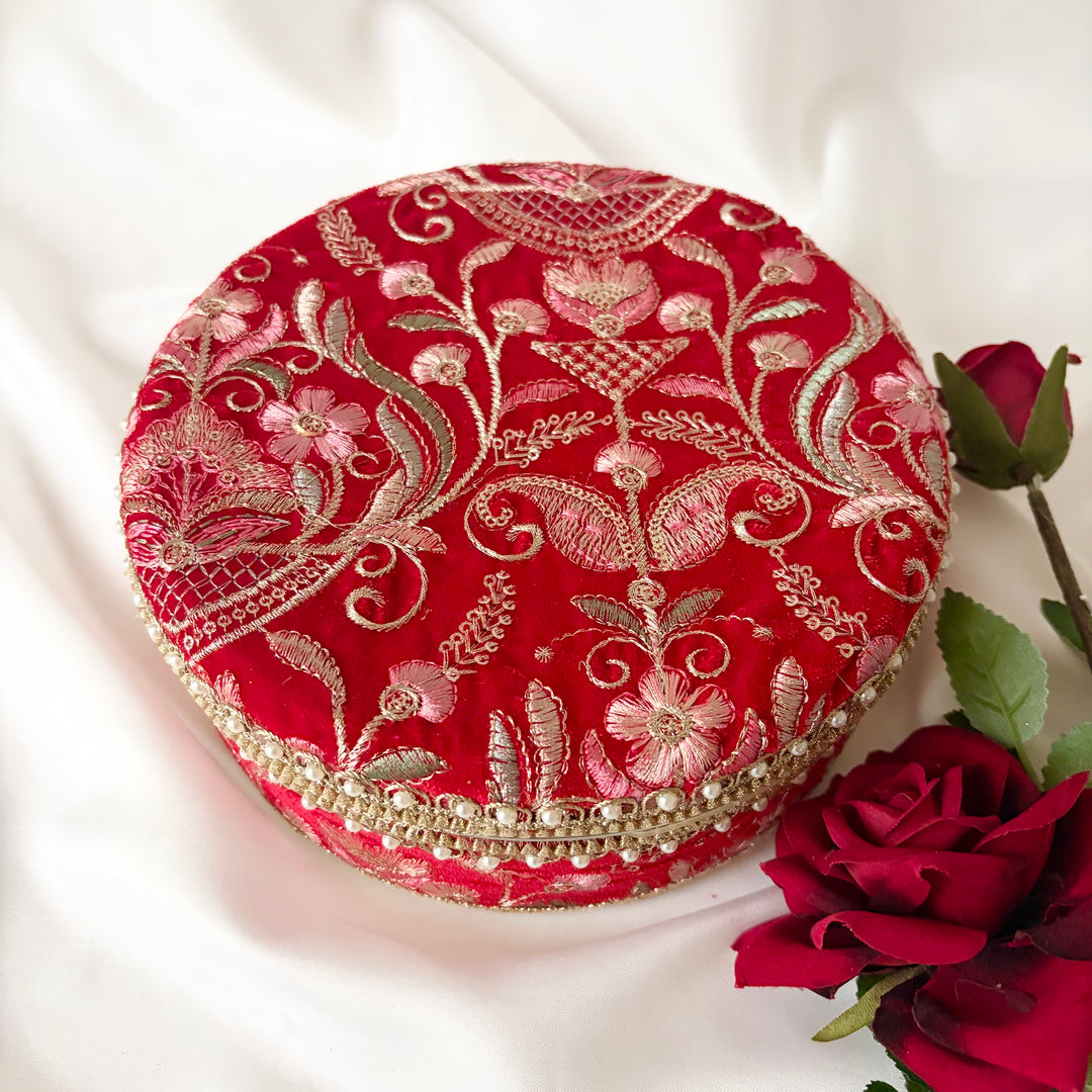 Red Velvet Fabric Gold Laddo Tins