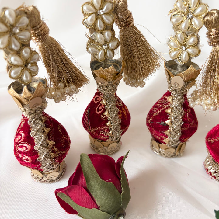 Red Traditional Surmadani – Decorative Kajol Holder with Pearls, Mirrors & Tassels
