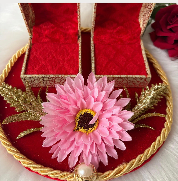Traditional Red & Gold Shagun Ring Ceremony Tray with Ring Boxes & Floral Decoration