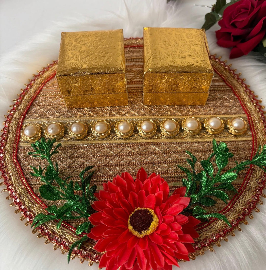 Traditional Red & Gold Shagun Ring Ceremony Tray with Ring Boxes & Floral Decoration