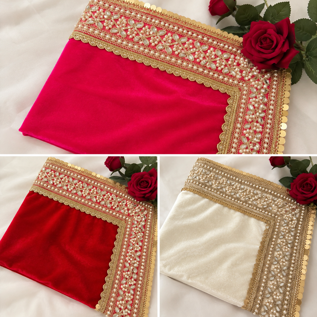 Luxury Velvet Wedding Dupatta with Gold Embroidery, Pearl & Mirror Work - Available
3 Colours