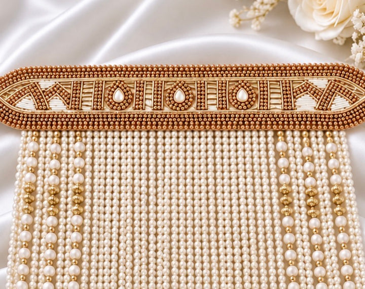 Traditional Indian Groom’s Sehra – Red & Gold Embroidered Wedding Sehra with Pearl Beads