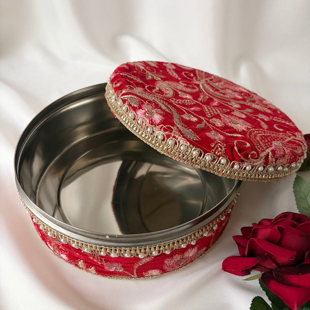 Red Velvet Fabric Gold Laddo Tins