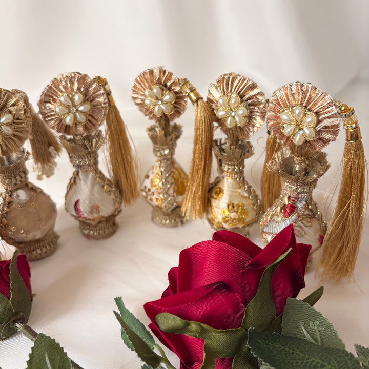 Gold Traditional Surmadani – Decorative Kajol Holder with Pearls, Mirrors & Tassels